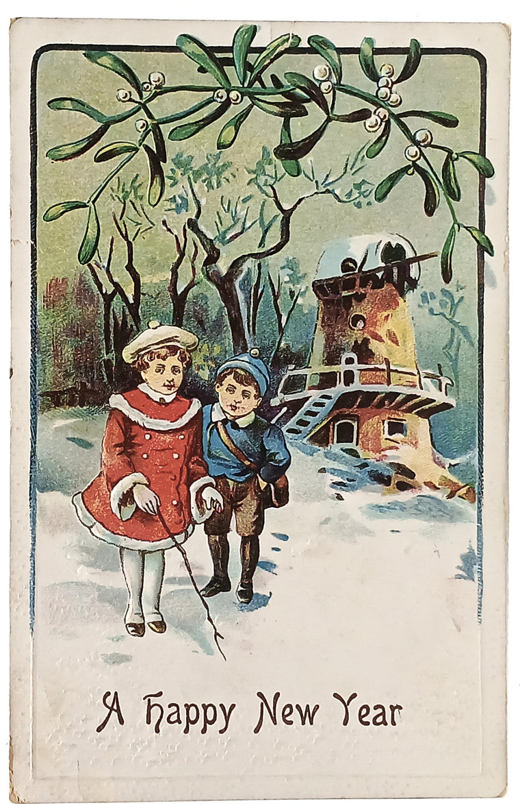 New Year's Postcard Embossed Children in Snow Series 51