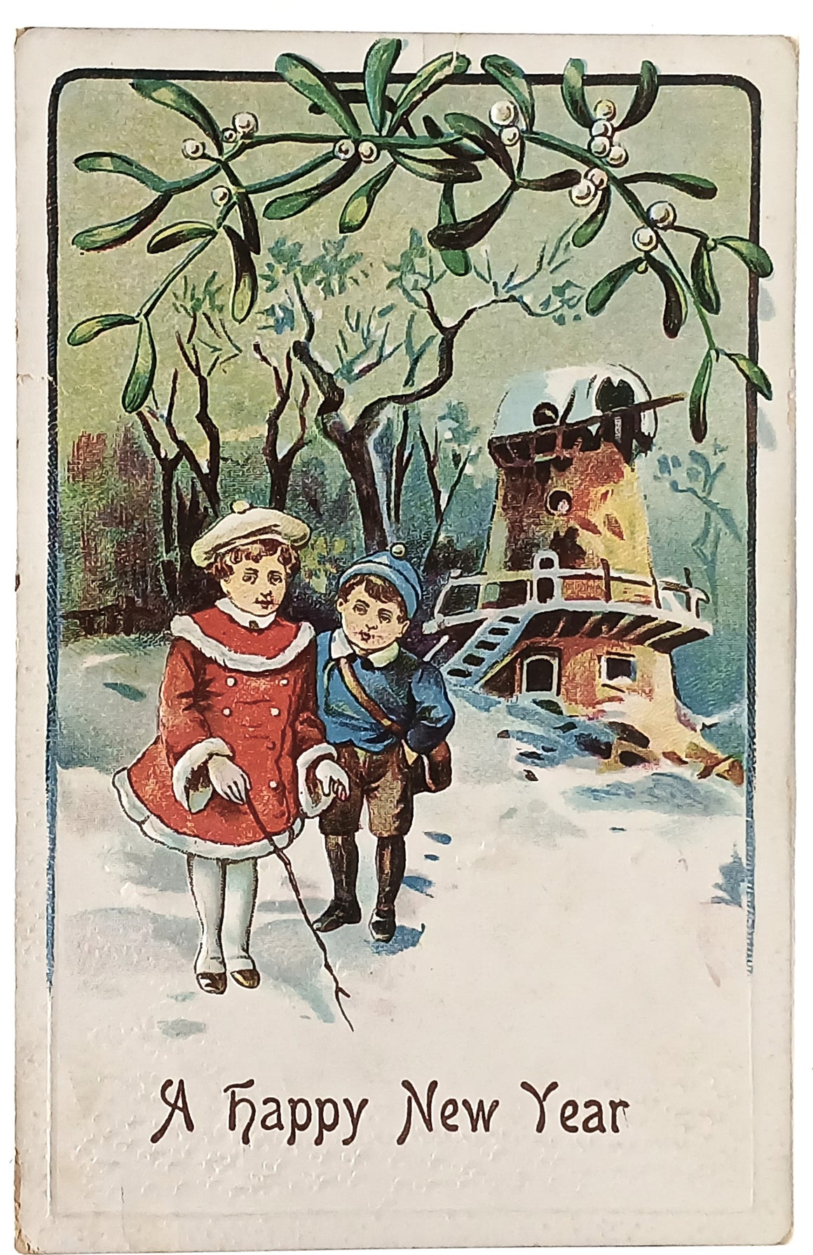 New Year's Postcard Embossed Children in Snow Series 51
