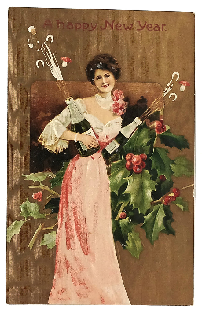 New Year's Postcard Woman in Pink Gown Holding Champagne