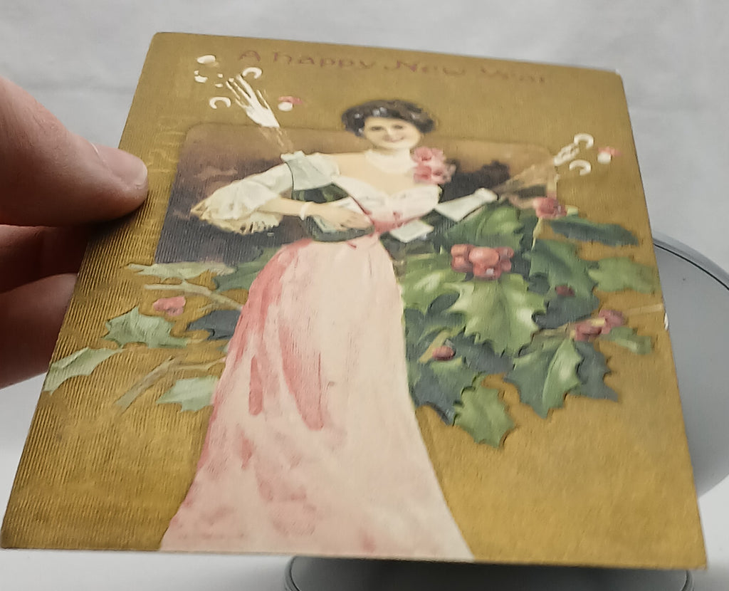 New Year's Postcard Woman in Pink Gown Holding Champagne
