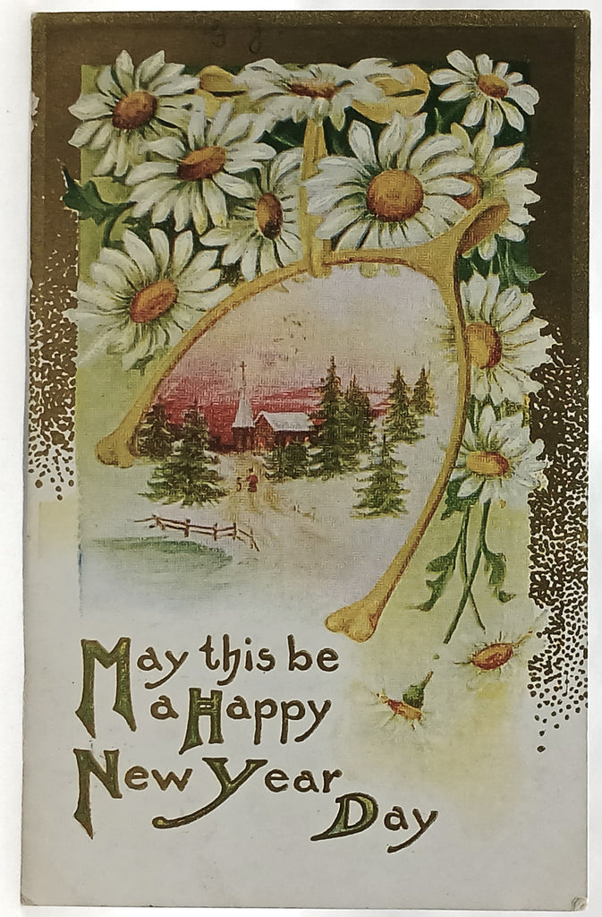 New Year's Postcard Gold with Daisies Good Luck Wishbone Series 74