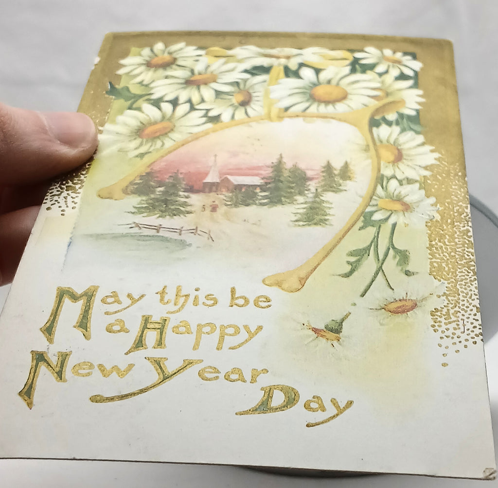 New Year's Postcard Gold with Daisies Good Luck Wishbone Series 74