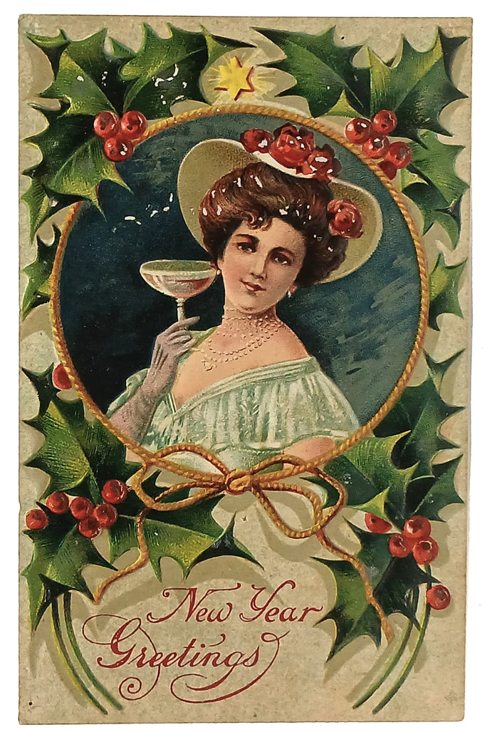 New Year's Postcard Edwardian Woman Toasting Champagne Holly Border