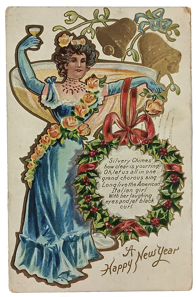 New Year's Postcard Edwardian Woman in Blue Gown Toast Series 1