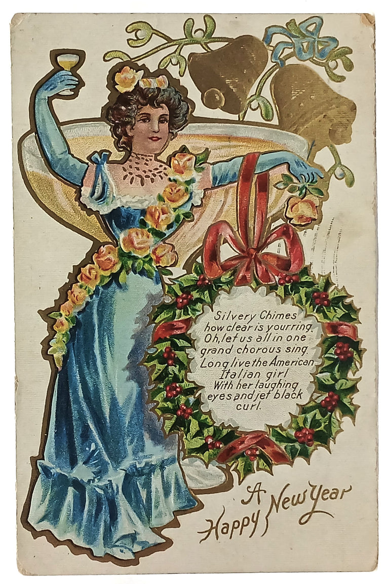 New Year's Postcard Edwardian Woman in Blue Gown Toast Series 1