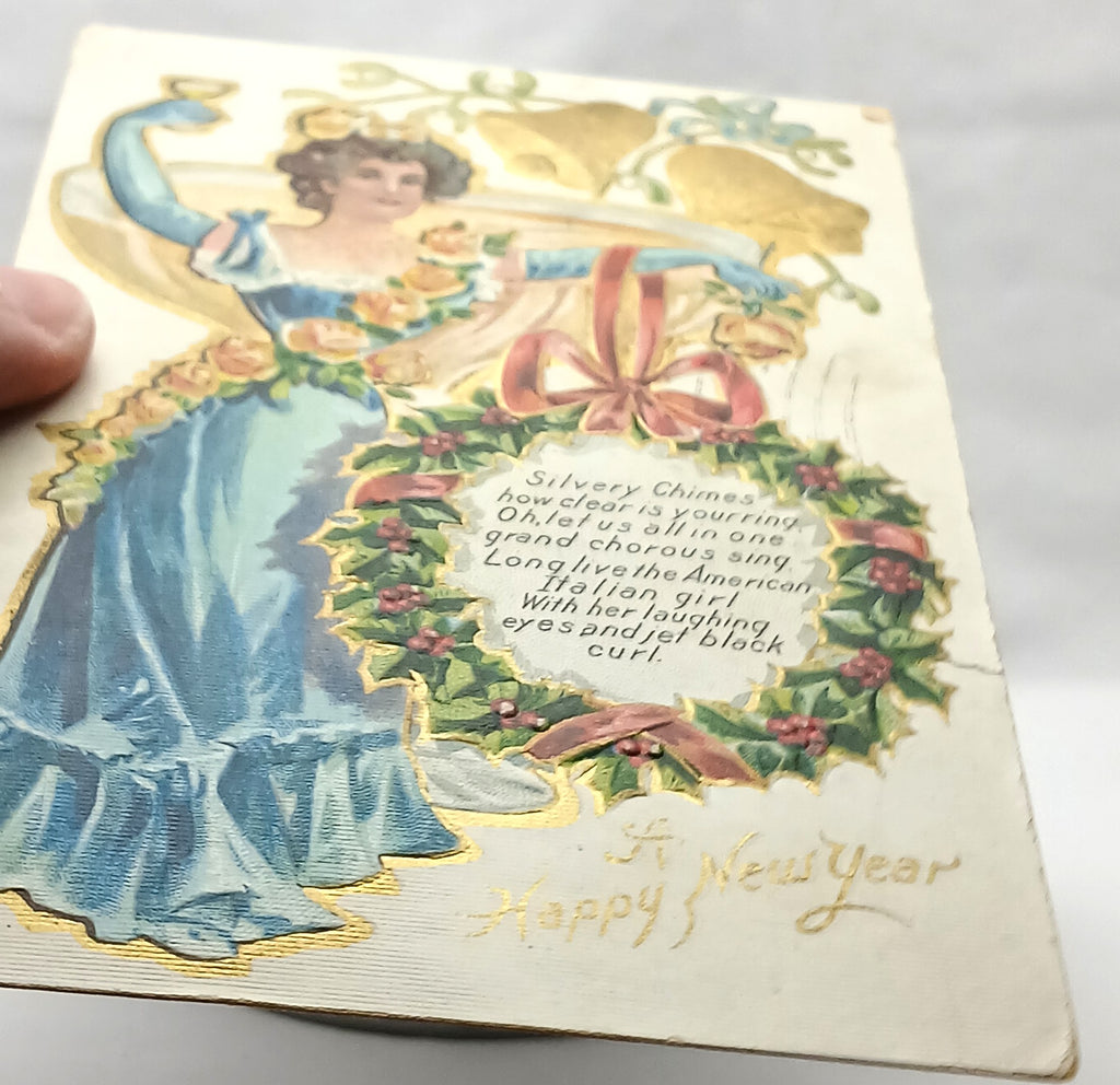 New Year's Postcard Edwardian Woman in Blue Gown Toast Series 1