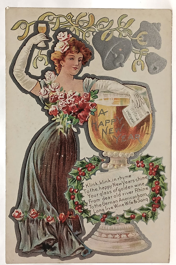 New Year's Postcard Edwardian Woman in Silver Toast Series 1 Giant Champagne