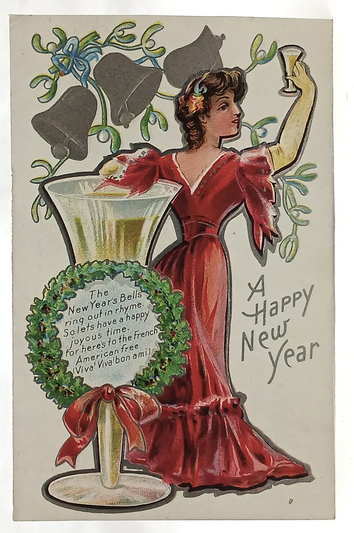 New Year's Postcard Edwardian Woman in Red Toast Series 1 Giant Champagne