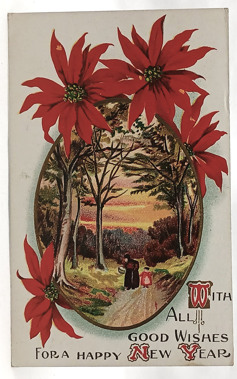 New Year's Postcard Winter Landscape Poinsettia Border