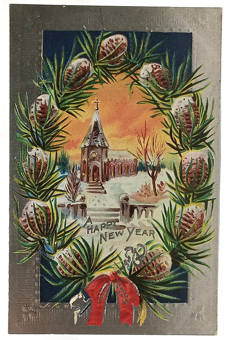 New Year Silver Embossed Postcard Pine Cone Wreath Church Snow Series 19