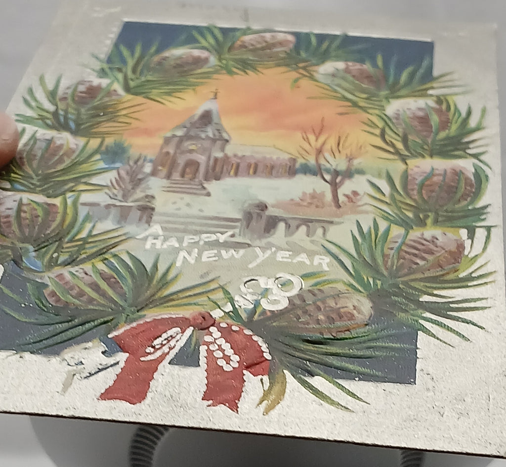 New Year Silver Embossed Postcard Pine Cone Wreath Church Snow Series 19