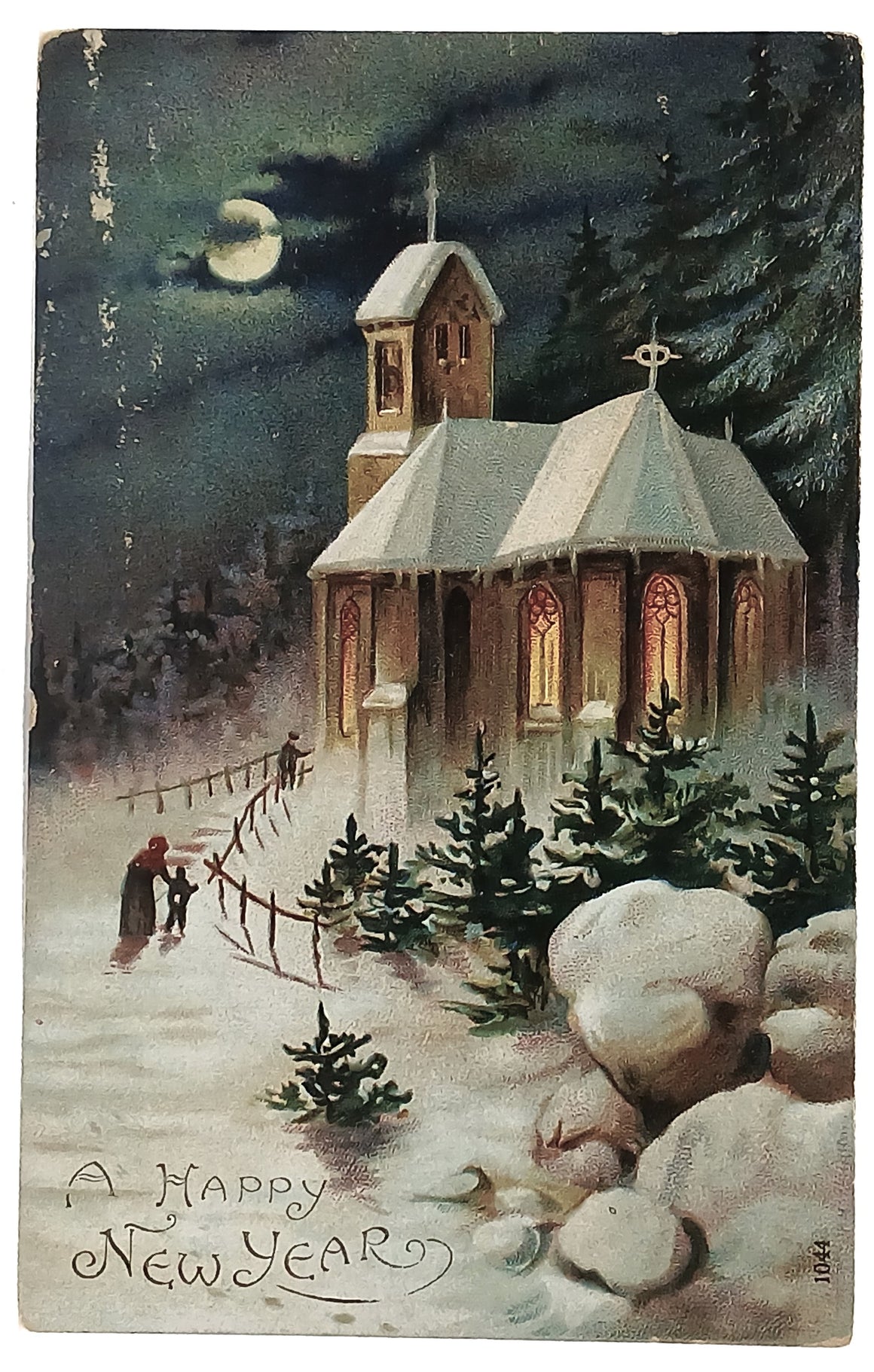 New Year Embossed Postcard Mother Child in Snowy Night w/ Church Series 1044