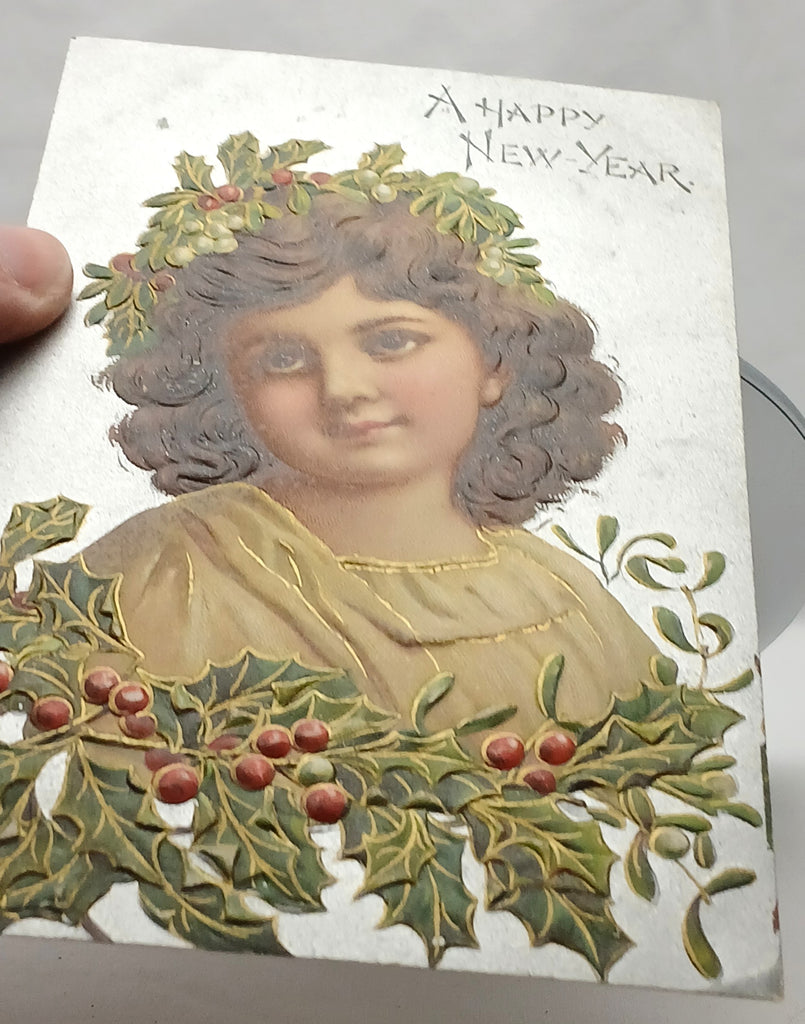 New Year Silver Embossed Postcard Portrait of Young Girl in Holly Berries