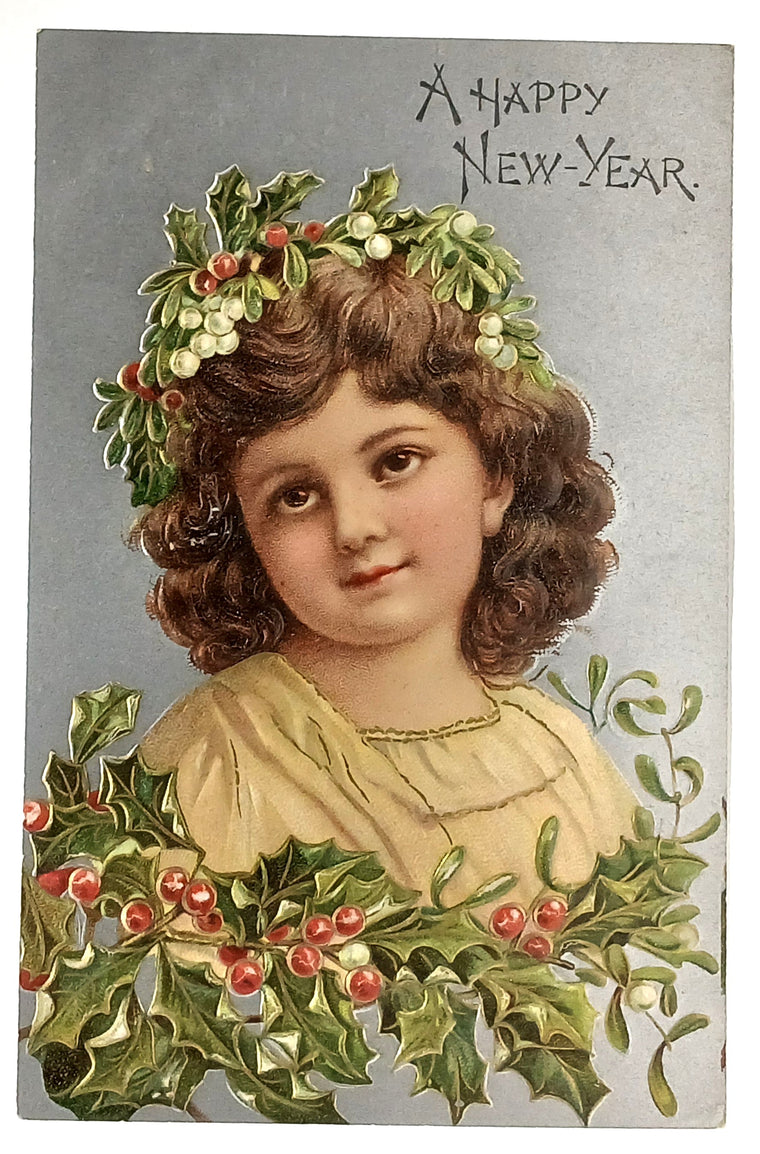 New Year Silver Embossed Postcard Portrait of Young Girl in Holly Berries