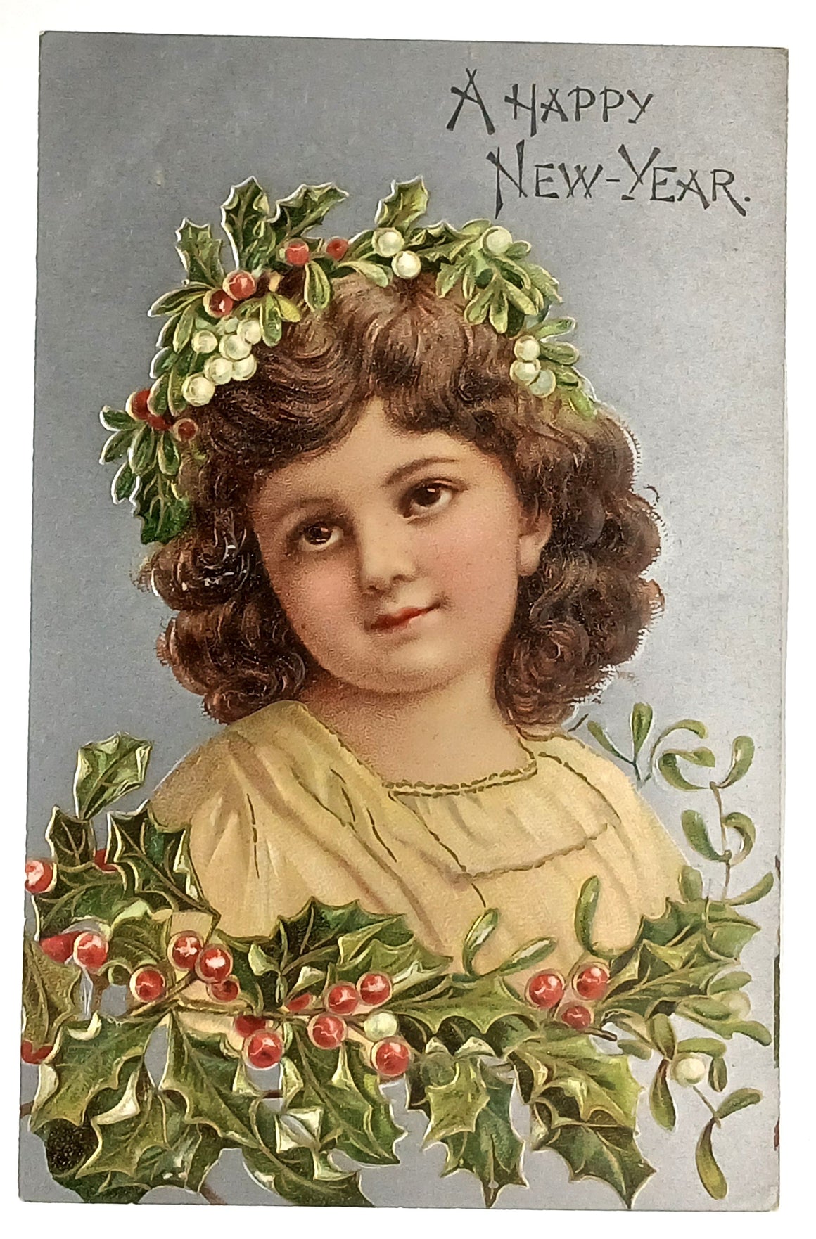 New Year Silver Embossed Postcard Portrait of Young Girl in Holly Berries