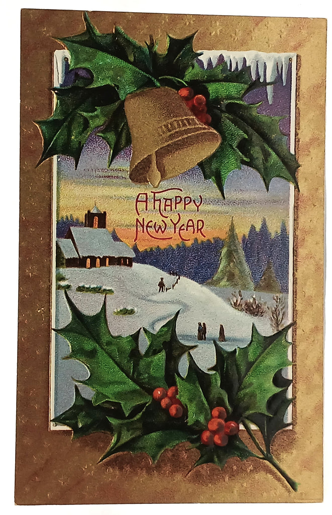New Year Gold Embossed Postcard Series 1480 Bells Holly in Snowy Landscape