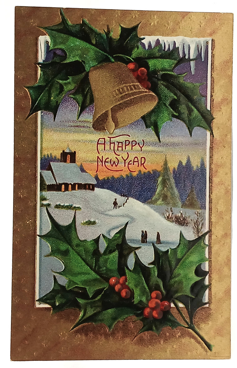 New Year Gold Embossed Postcard Series 1480 Bells Holly in Snowy Landscape