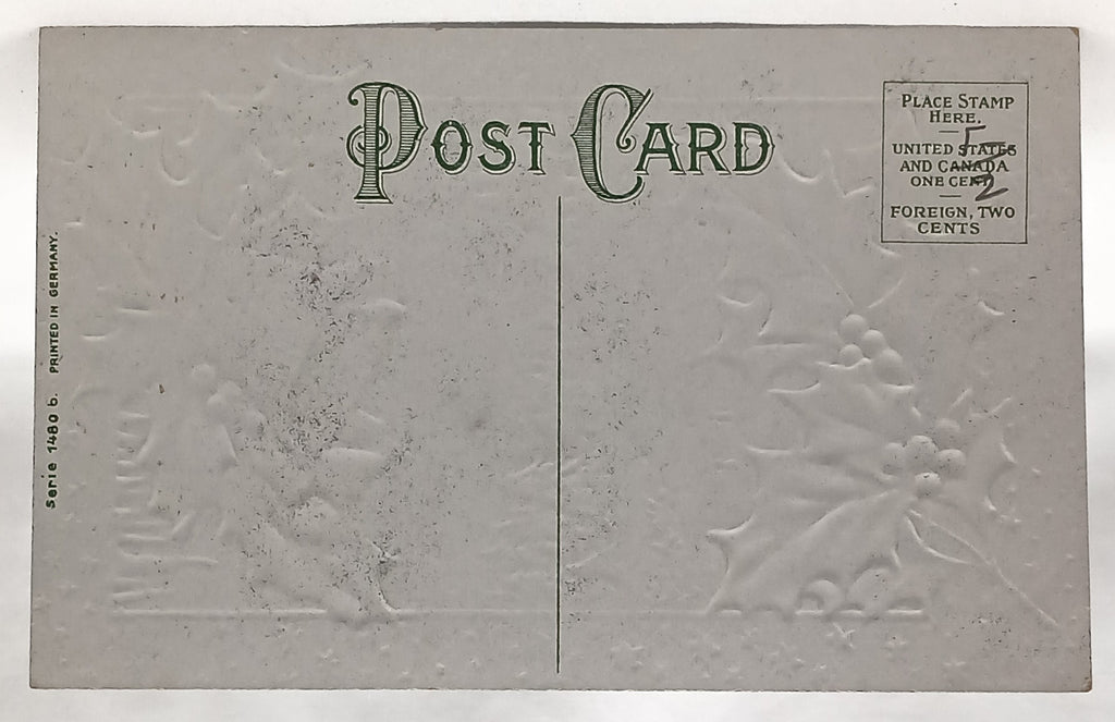 New Year Gold Embossed Postcard Series 1480 Bells Holly in Snowy Landscape