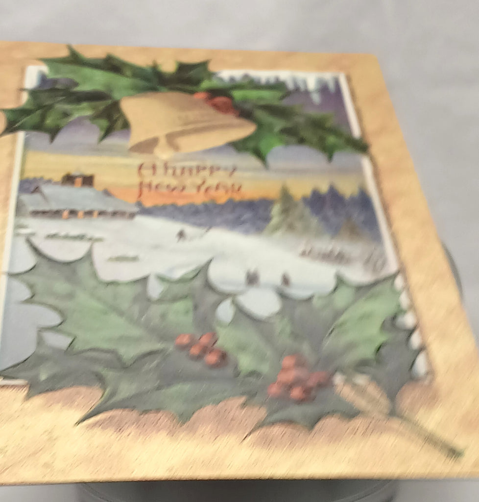 New Year Gold Embossed Postcard Series 1480 Bells Holly in Snowy Landscape