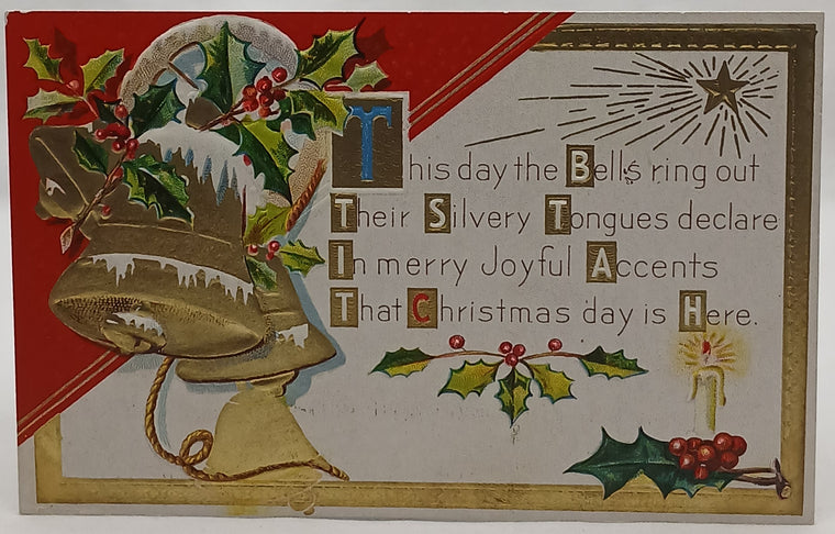 Gold Embossed Christmas Postcard Ringing Bell with Holly