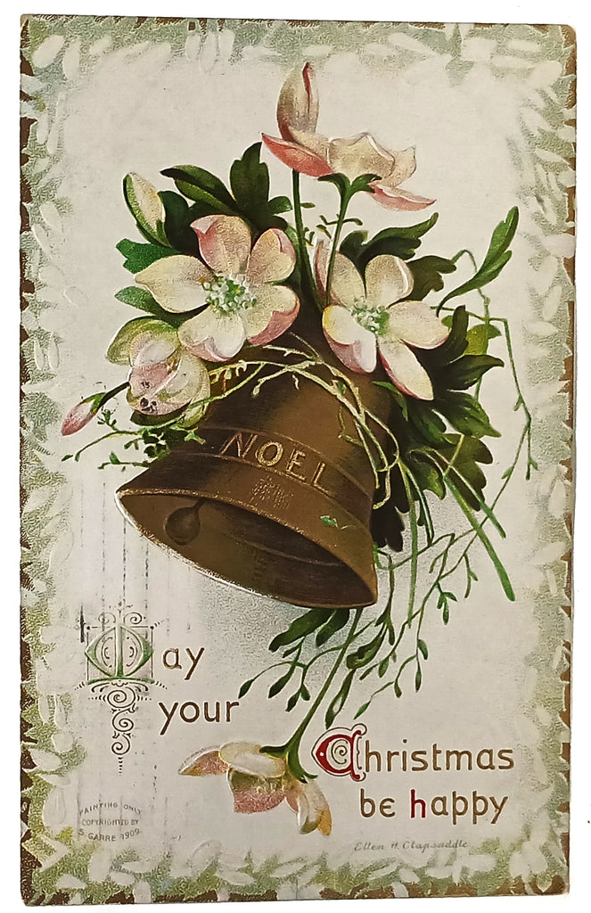 Clapsaddle Christmas Postcard Gold Embossed Bell with Flowers