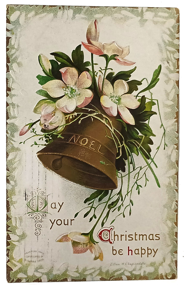 Clapsaddle Christmas Postcard Gold Embossed Bell with Flowers