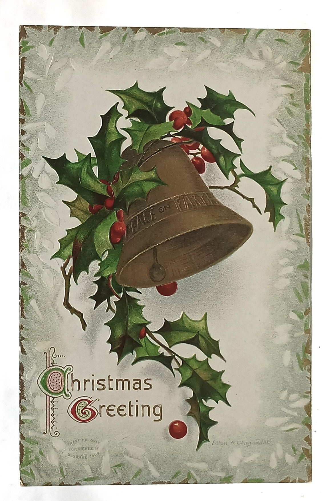 Clapsaddle Christmas Postcard Gold Embossed Bell with Holly