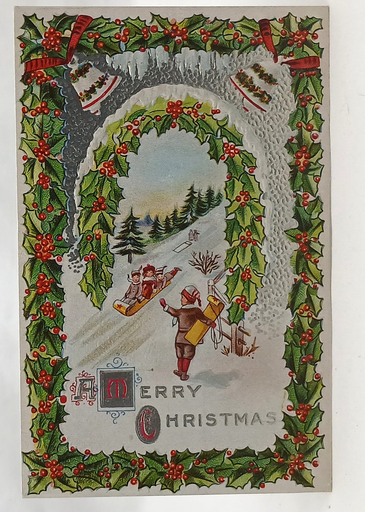Silver Embossed Christmas Postcard Children Toboggan Holly Horseshoe