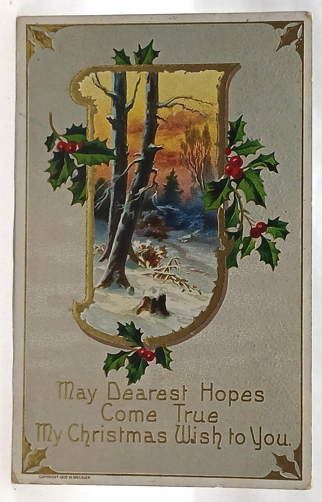 Gold Embossed Christmas Postcard Winter Landscape