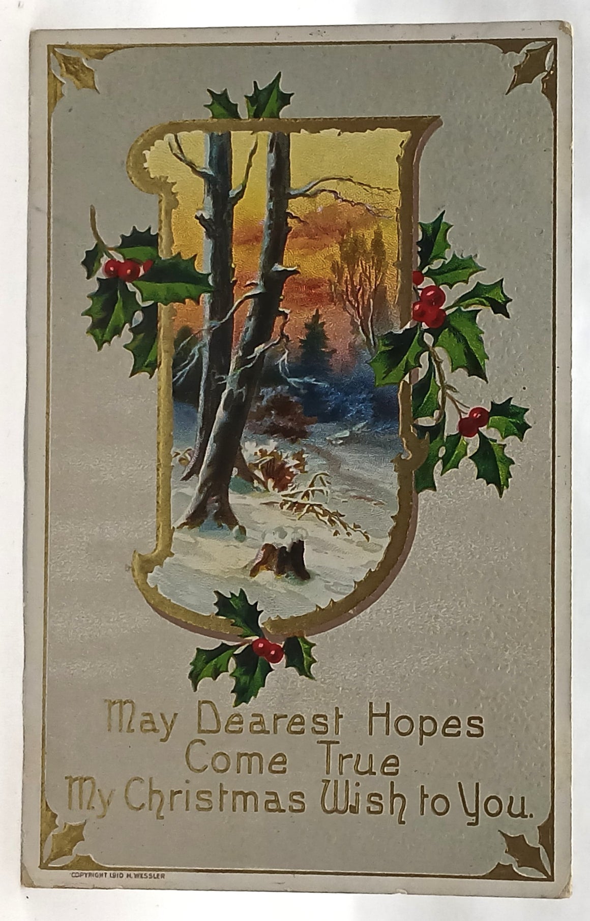 Gold Embossed Christmas Postcard Winter Landscape