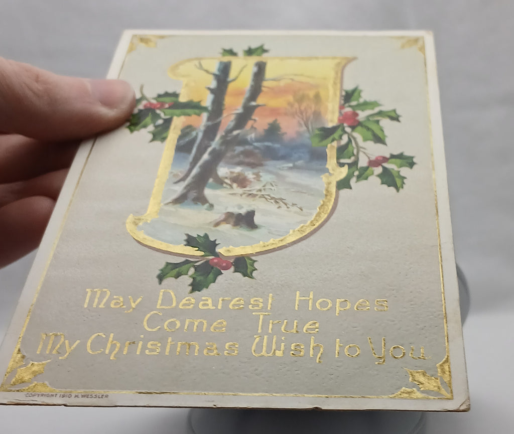 Gold Embossed Christmas Postcard Winter Landscape