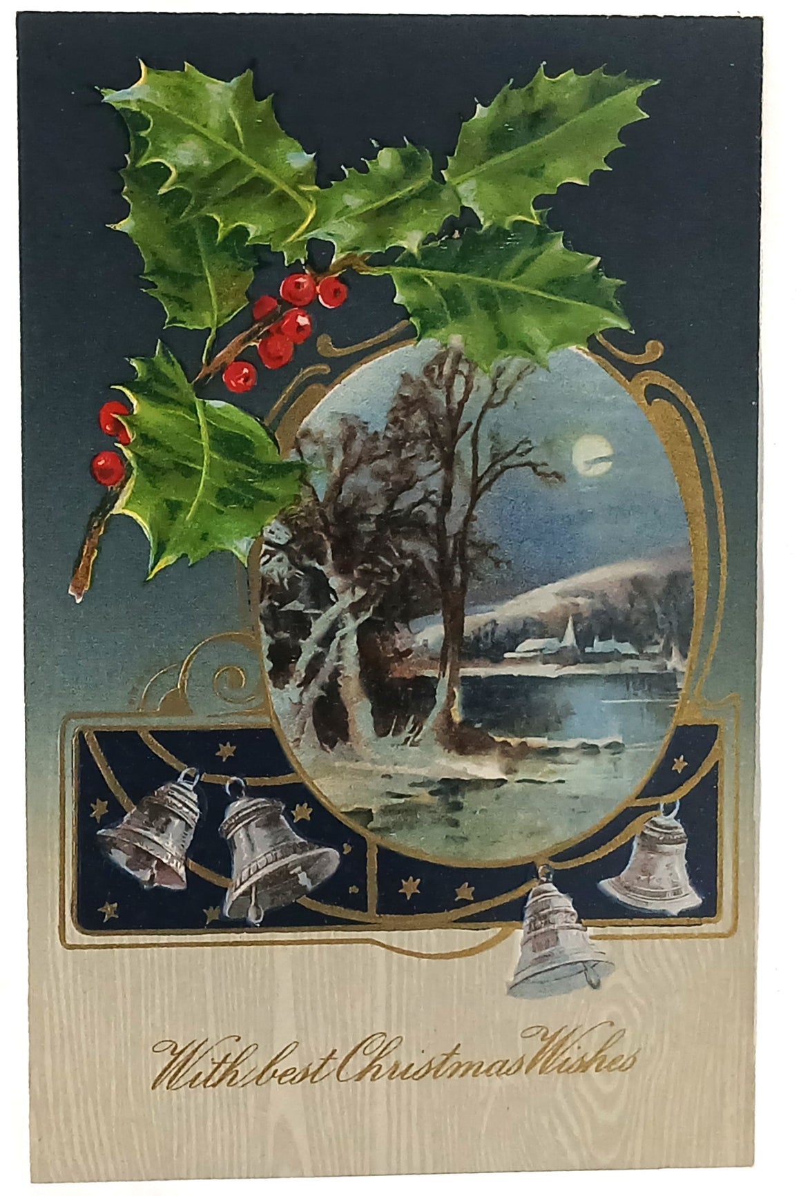 Gold Embossed Christmas Postcard Moonlit Winter Landscape Winsch Pub