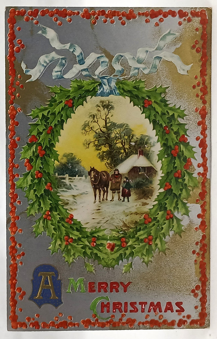 Silver Embossed Christmas Postcard Family with Horses Winsch Pub