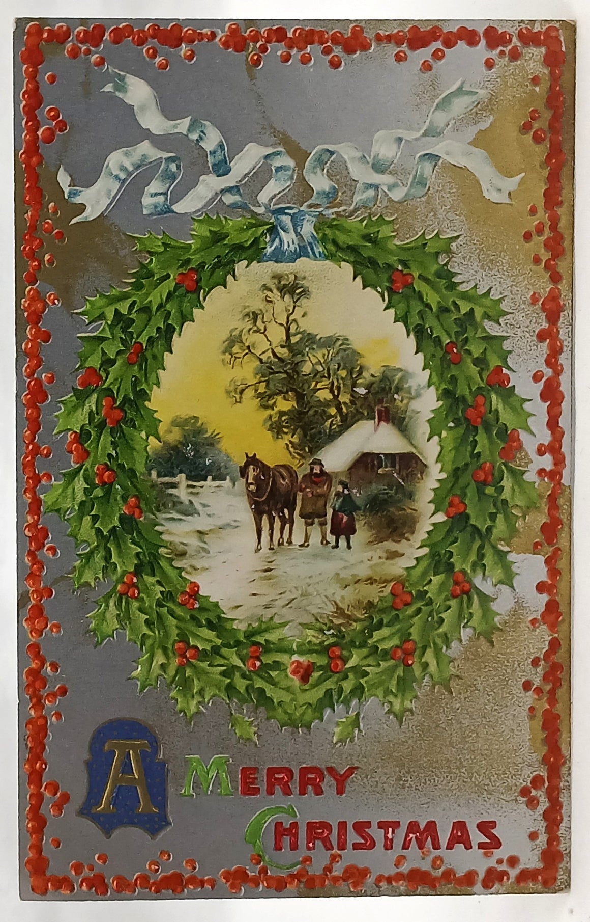 Silver Embossed Christmas Postcard Family with Horses Winsch Pub