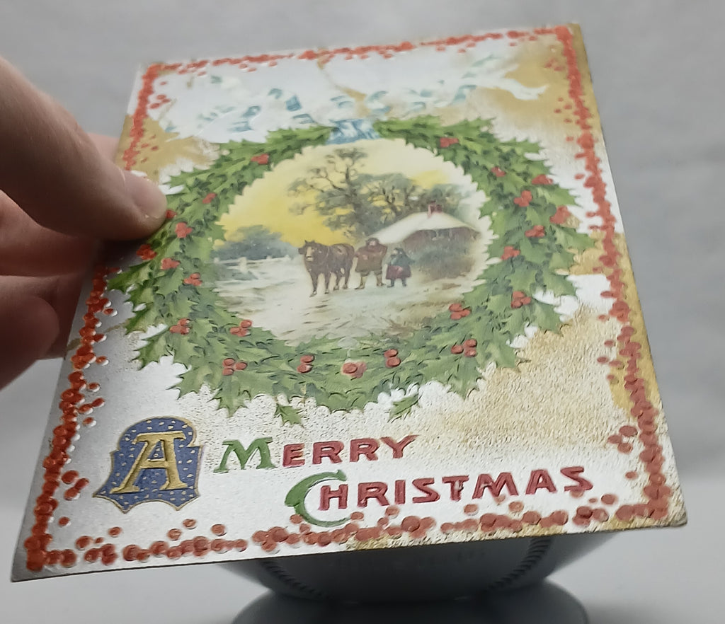 Silver Embossed Christmas Postcard Family with Horses Winsch Pub