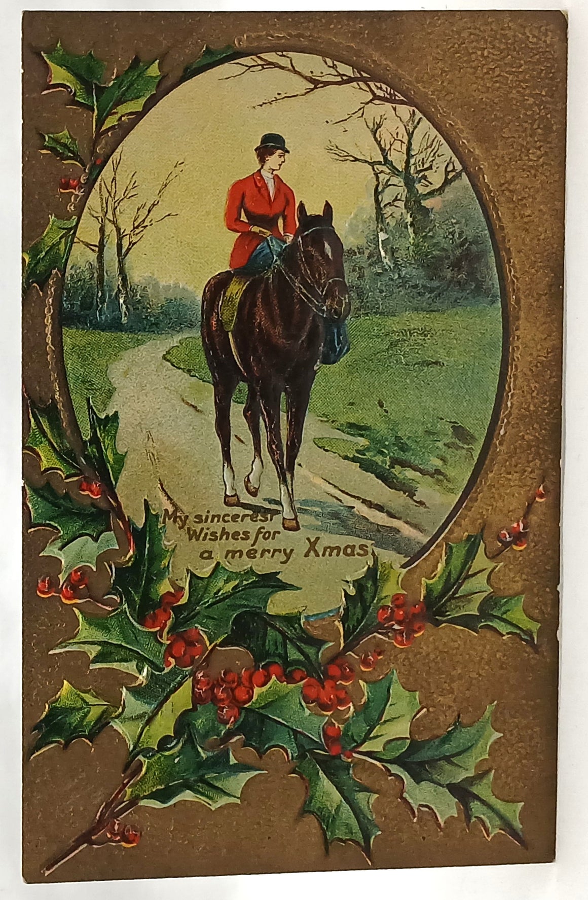 Gold Embossed Christmas Postcard Lady Riding Horse