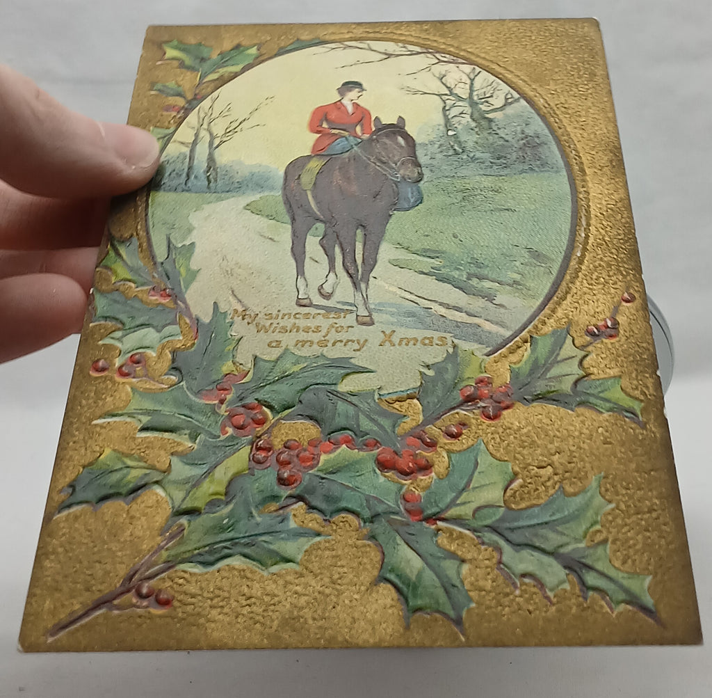 Gold Embossed Christmas Postcard Lady Riding Horse