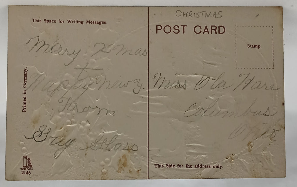 Gold Embossed Christmas Postcard Lady Riding Horse