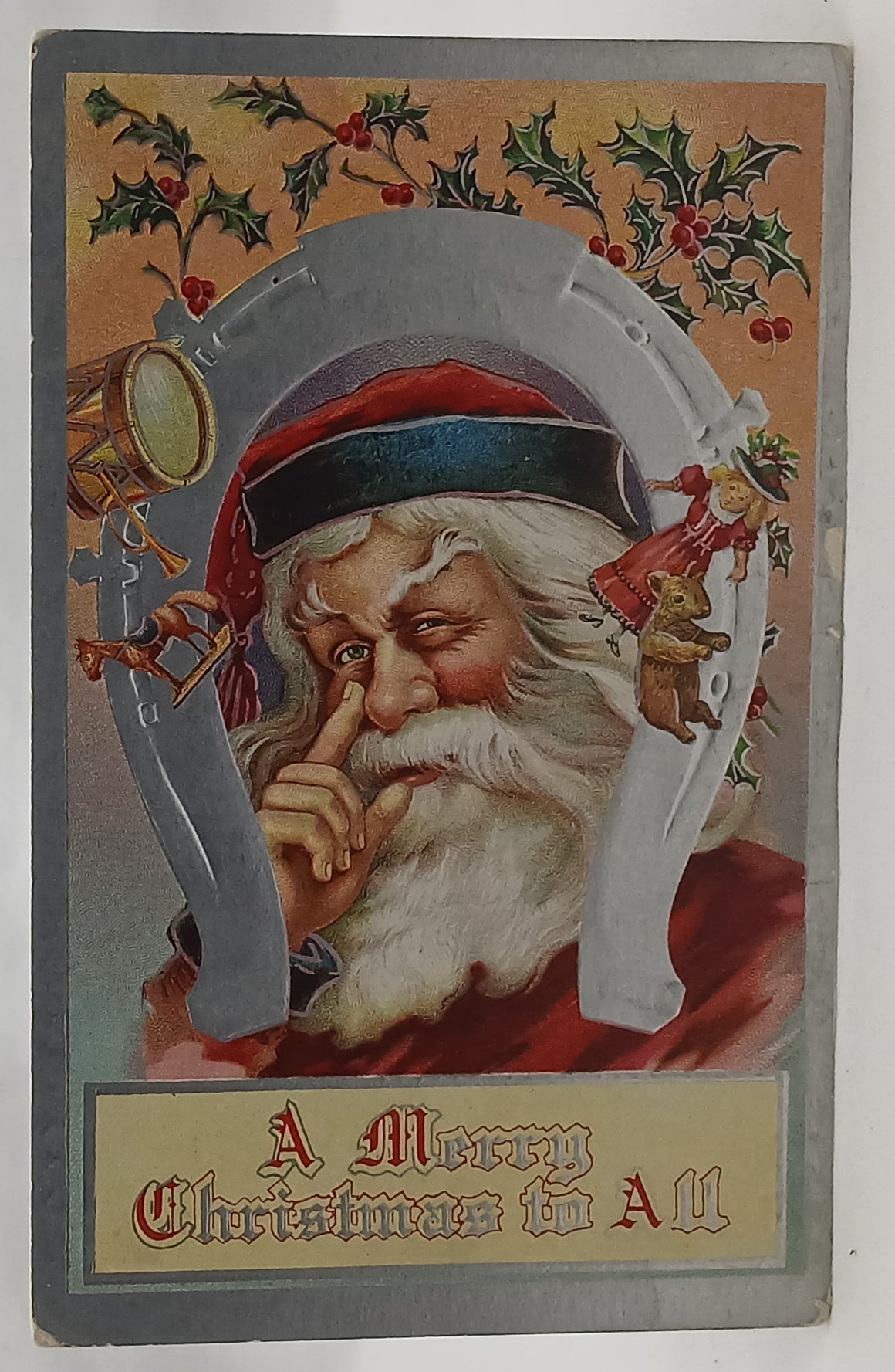 Vintage Christmas Postcard, Antique Christmas Post Card, Santa Claus with Silver Horseshoe Holly Frame, Marked Sample Card