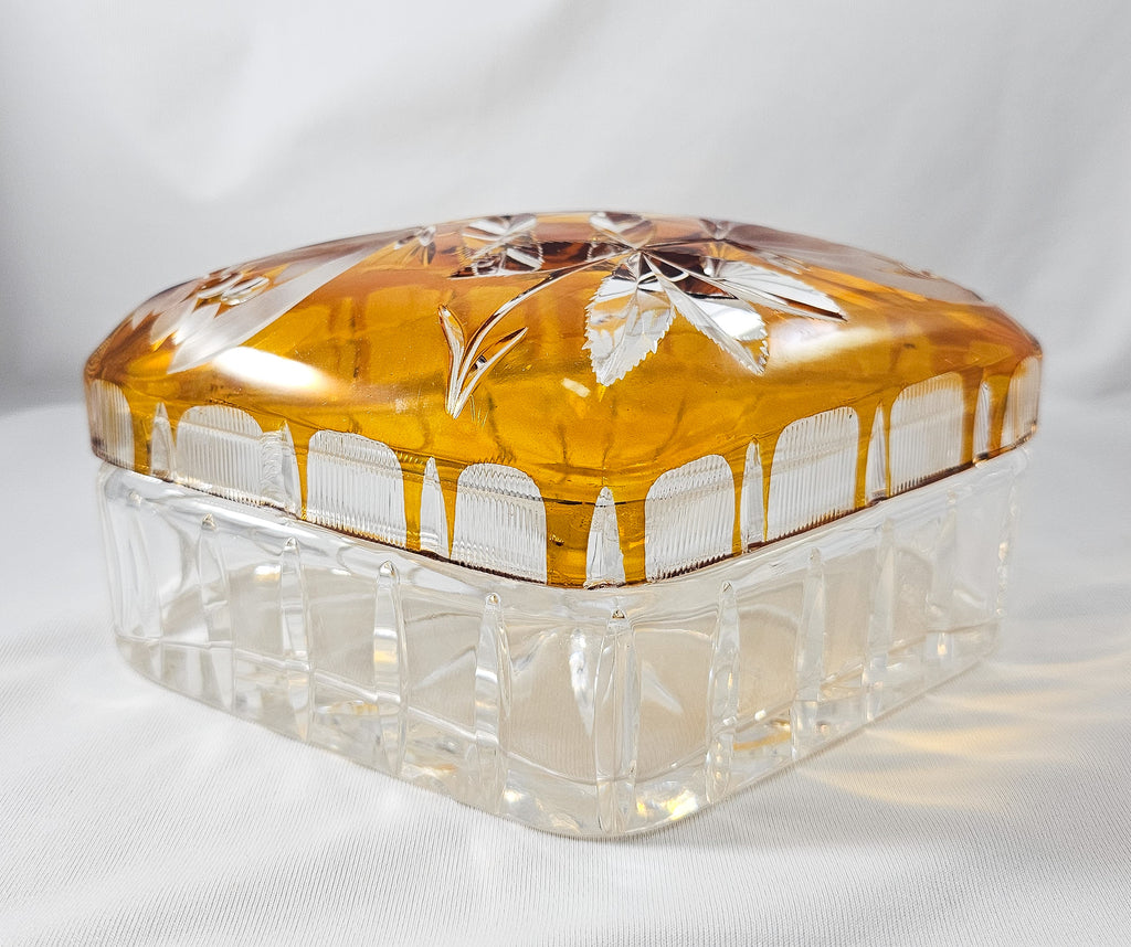 Bohemian Glass Amber Cut to Clear Crystal Covered Box with Engraved Flowers