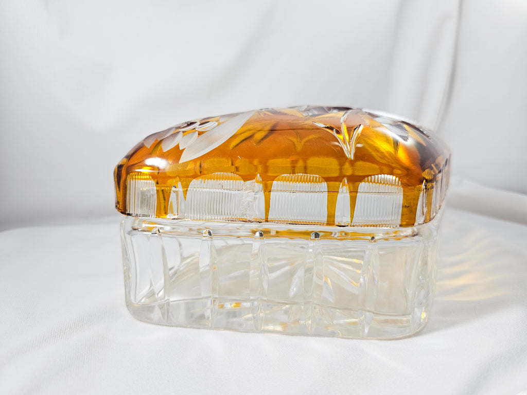 Bohemian Glass Amber Cut to Clear Crystal Covered Box with Engraved Flowers