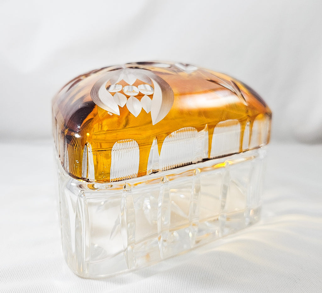 Bohemian Glass Amber Cut to Clear Crystal Covered Box with Engraved Flowers