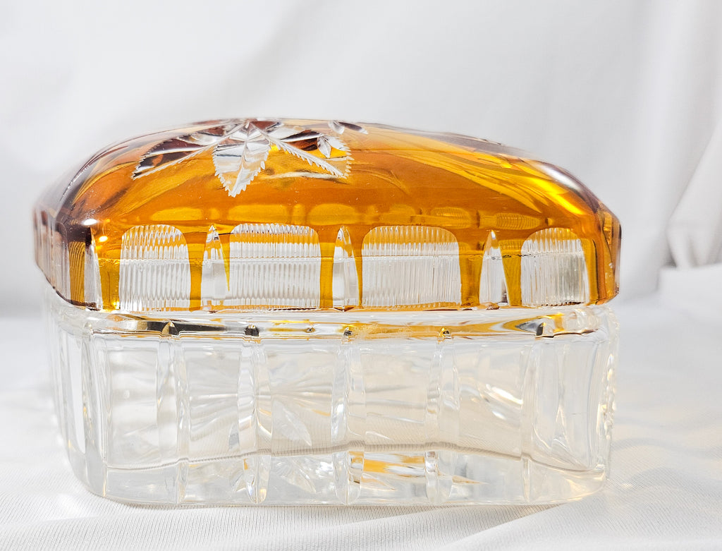 Bohemian Glass Amber Cut to Clear Crystal Covered Box with Engraved Flowers