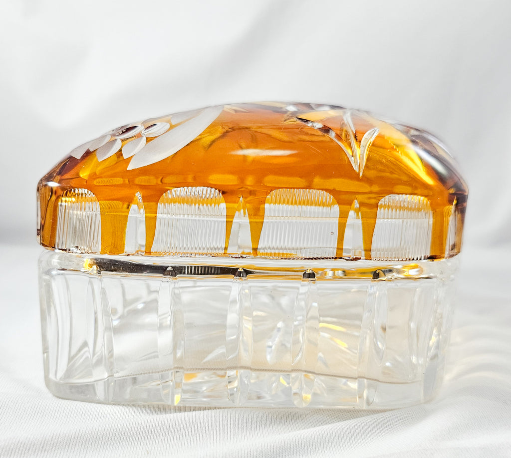 Bohemian Glass Amber Cut to Clear Crystal Covered Box with Engraved Flowers