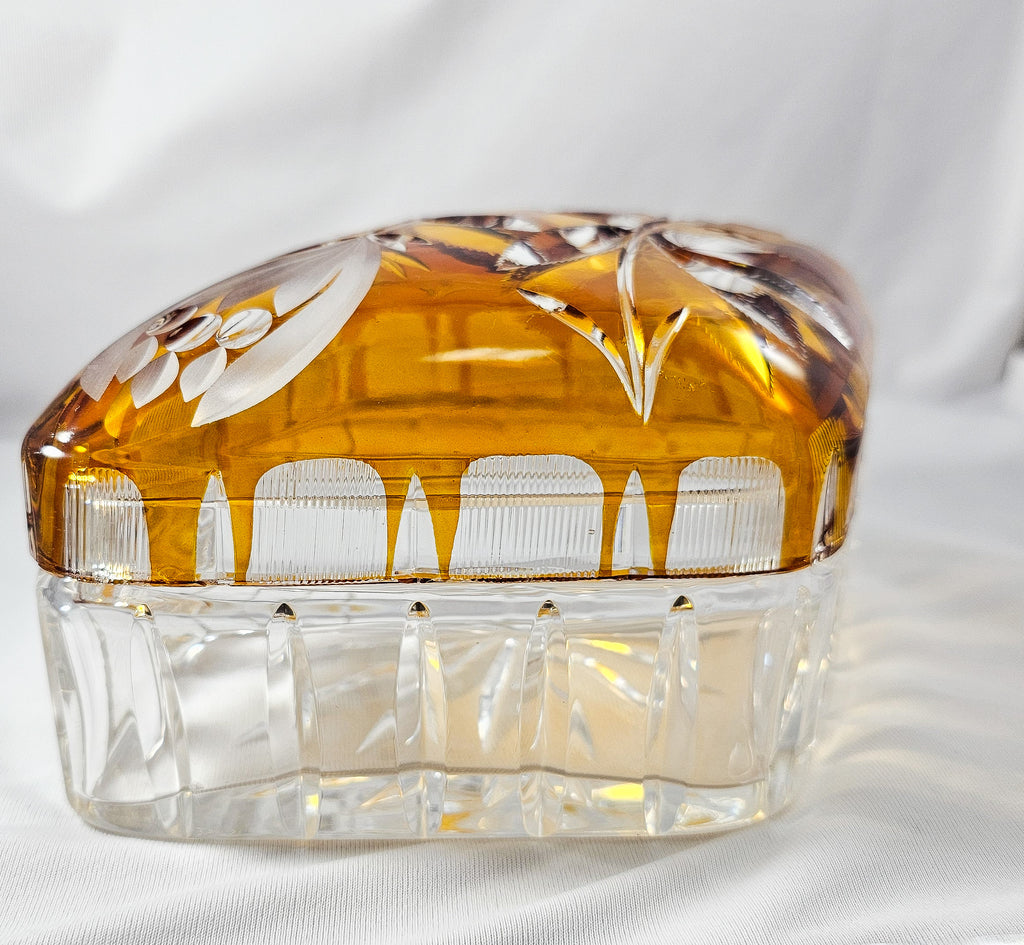 Bohemian Glass Amber Cut to Clear Crystal Covered Box with Engraved Flowers