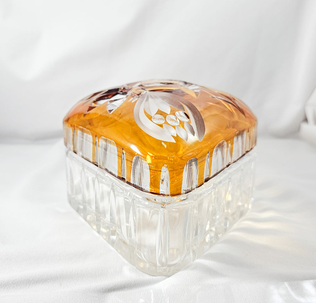 Bohemian Glass Amber Cut to Clear Crystal Covered Box with Engraved Flowers