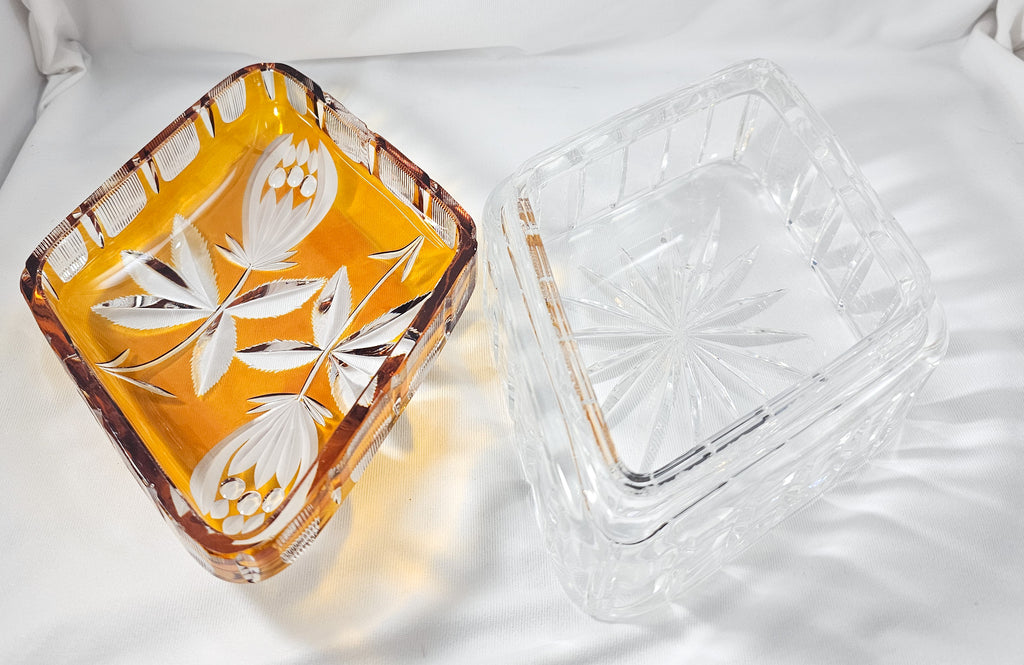 Bohemian Glass Amber Cut to Clear Crystal Covered Box with Engraved Flowers