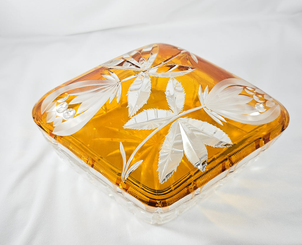 Bohemian Glass Amber Cut to Clear Crystal Covered Box with Engraved Flowers