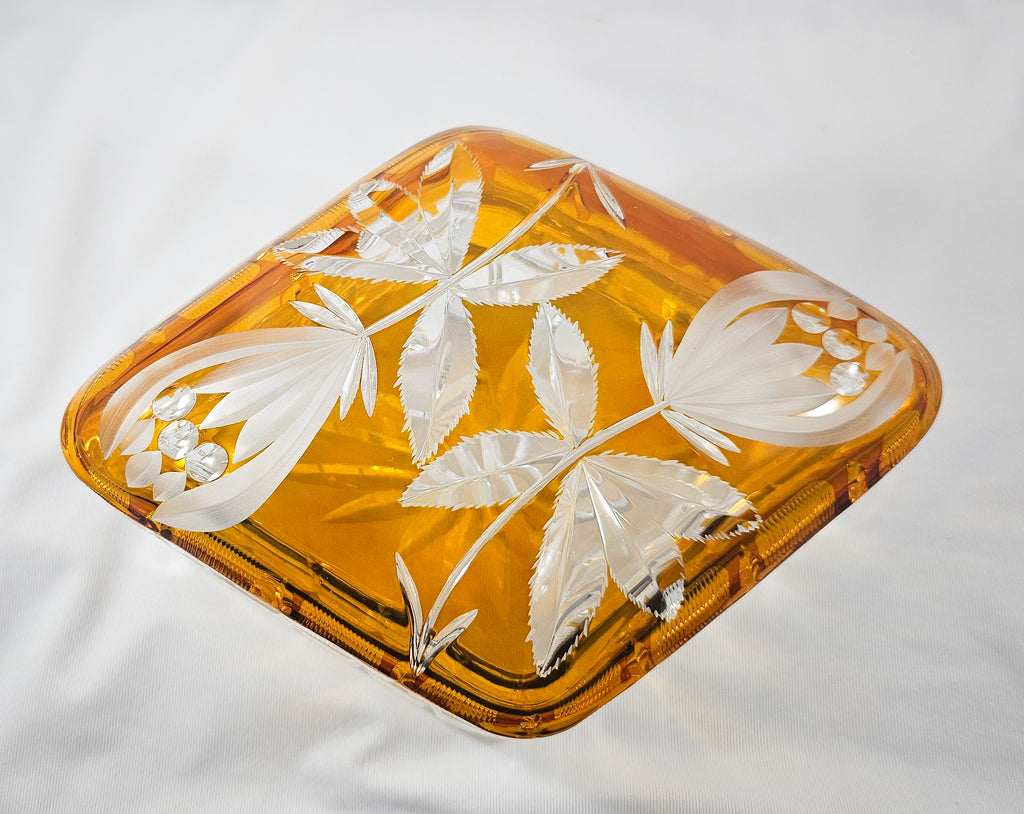 Bohemian Glass Amber Cut to Clear Crystal Covered Box with Engraved Flowers