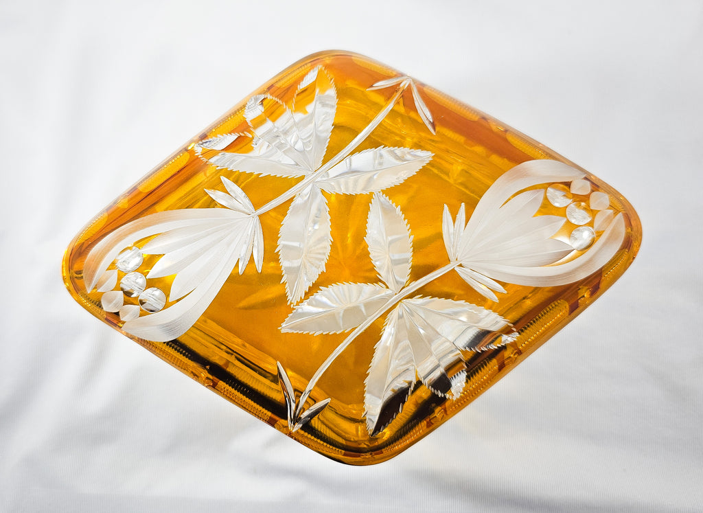 Bohemian Glass Amber Cut to Clear Crystal Covered Box with Engraved Flowers